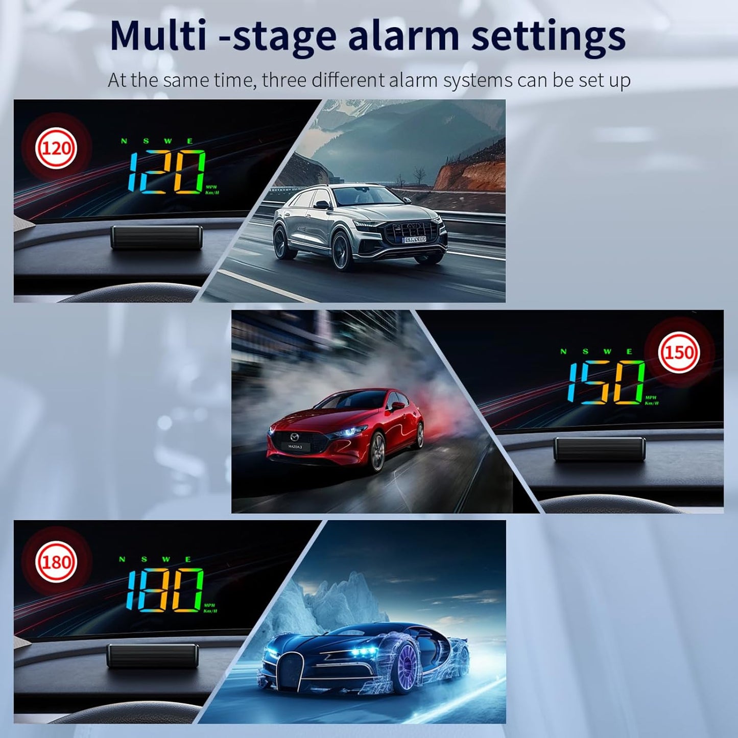 Heads Up Display M2S, GPS Speedometer Multi-Segment Alarm Settings, Fully Automatic Light Sensing, for All Speedometer Models