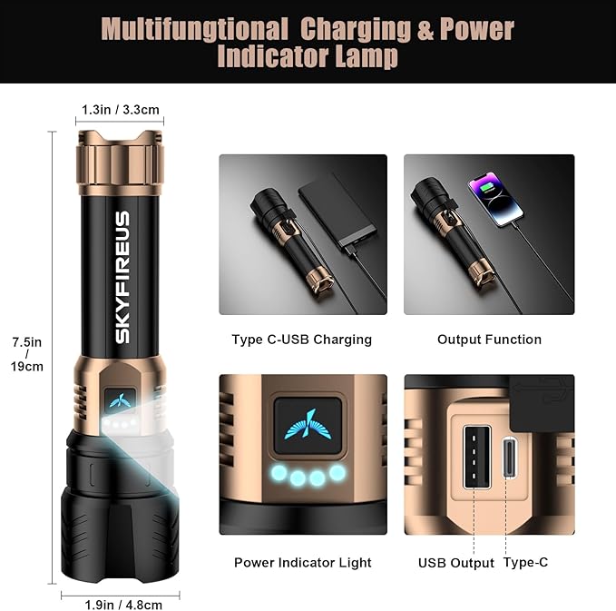 SKYFIRE Rechargeable Flashlight High Lumens,Super Bright Flashlight,Zoomable,Four Modes,Waterproof LED Flash Light for Camping Essentials,Outdoor and Home Emergencies-8000mAh
