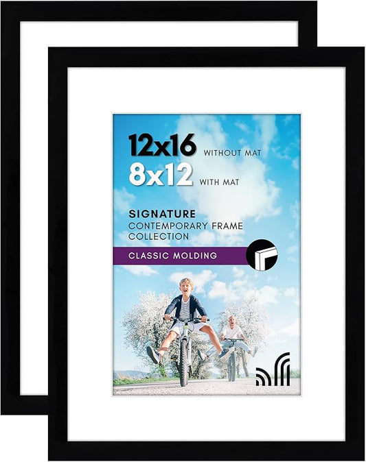 Americanflat 12x16 Picture Frame in Black - Displays 8x12 With Mat or 12x16 Without Mat - Composite Wood with Shatter Resistant Glass - Horizontal and Vertical Formats for Wall (2-Pack)