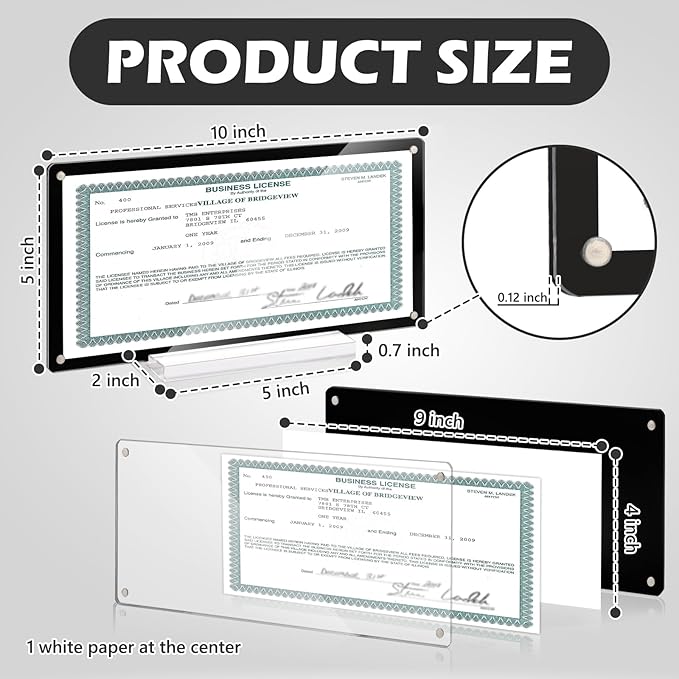 5x10 Business License Display Frame Magnetic Acrylic Business License Certificate Frame with Base White Card Paper for Desk House Office Hotel (Black)