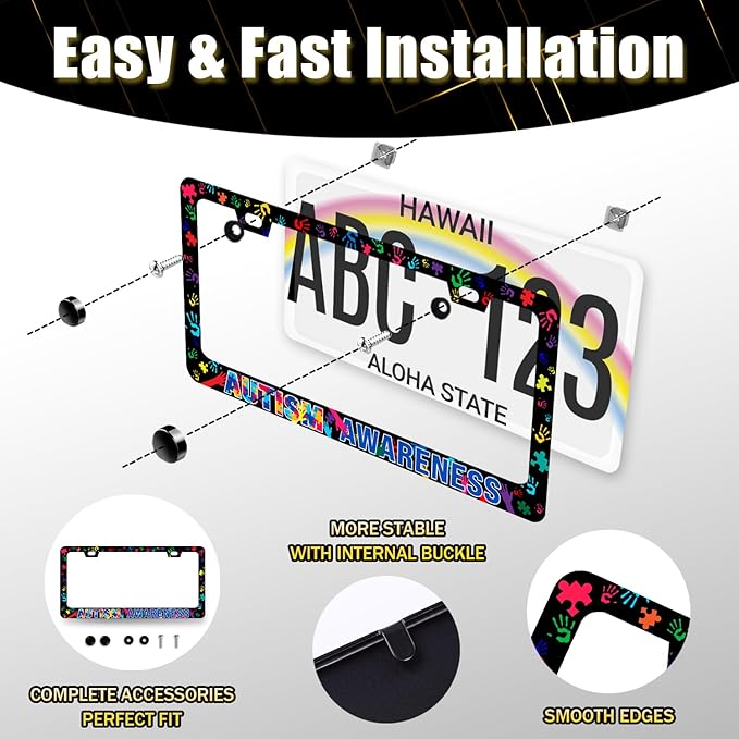 Autism Awareness License Plate Frame Colorful Handprint License Plate Stainless Steel Funny Accessory Cars Decor for Men Women 12.2 X 6.2 Inch with 2 Holes and Screws Fits Standard Us Ca Vehicles