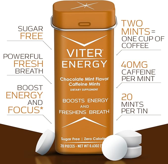 Viter Energy Caffeinated Mints 40mg Caffeine, B Vitamins, Sugar Free. (Chocolate Mint, 20pcs, 6 Pack)