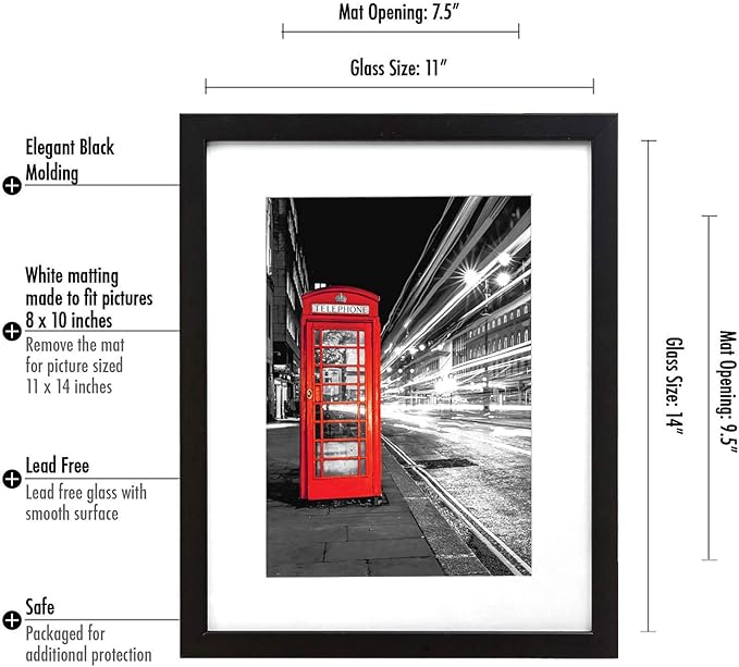 Americanflat 11x14 Picture Frame with Shatter-Resistant Glass - Set of 4 - Use as 8x10 Frame with Mat or Display 11x14 Photo Without Mat - Signature Collection - Picture Frames for Wall - Black