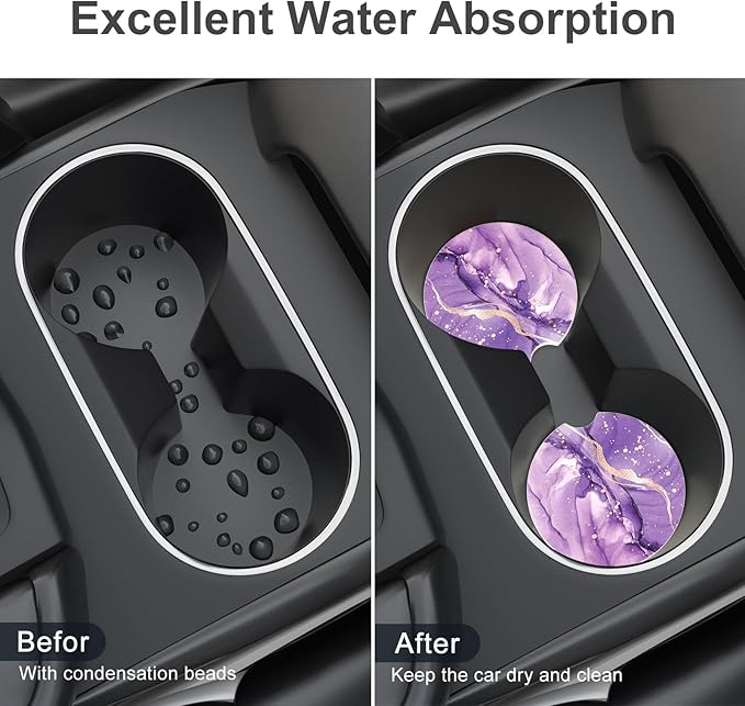 Car Cup Holder Coaster, Car Coasters for Cup Holders, 4 Pack Universal Anti Slip Insert Absorbent Ceramic Auto Interior Accessories with A Finger Notch & Cork Base, Purple Marble