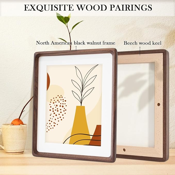 8x10 Wooden Picture Frame with Double Mat - Natural American Black Walnut Wood Photo Frame Matted to 6x8 & 5x7 | Tabletop & Wall | Brown