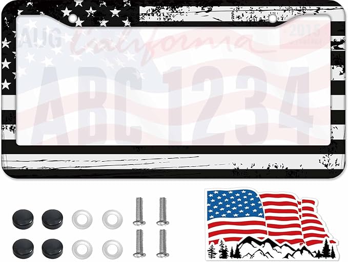 1PCS Black American Flag License Plate Frame Holder - USA Stars and Stripes Auto Universal Aluminum Matte Car Tag Holder Covers with Sticker & Screws for Men