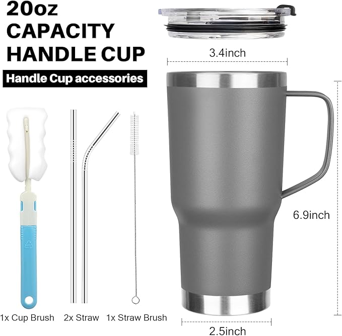 20 oz Tumbler with Handle, Stainless Steel Insulated Tumbler with Lid and Straw, Double Wall Vacuum Insulated Coffee Mug Tumbler, Insulated Coffee Thermal Cup for Cold and Hot (Grey)