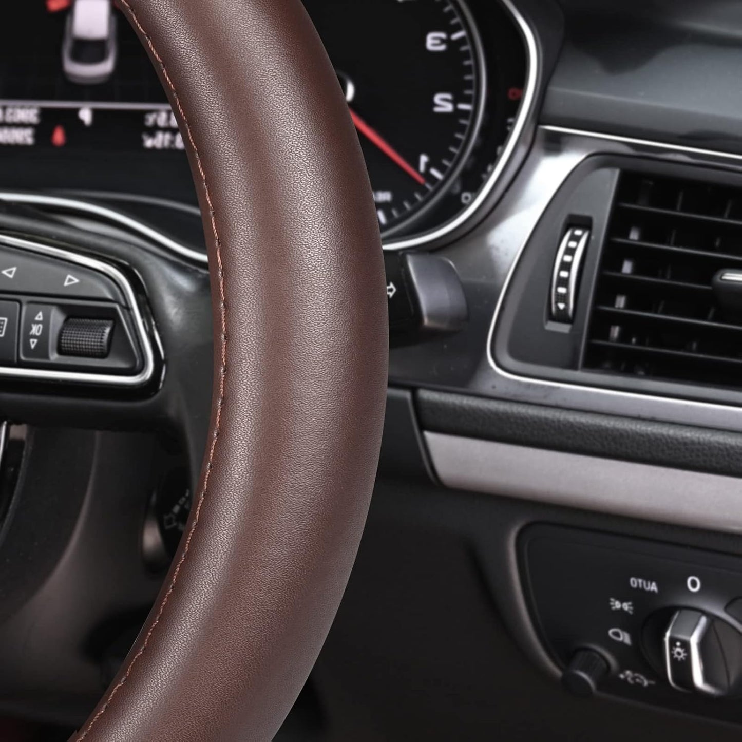 Haokay Heavy Duty Pure Cowhide Steering Wheel Cover, Genuine Leather Steering Cover Brown Leather Steering Wheel Cover with 15 Inches Universal Fit (Brown-1)