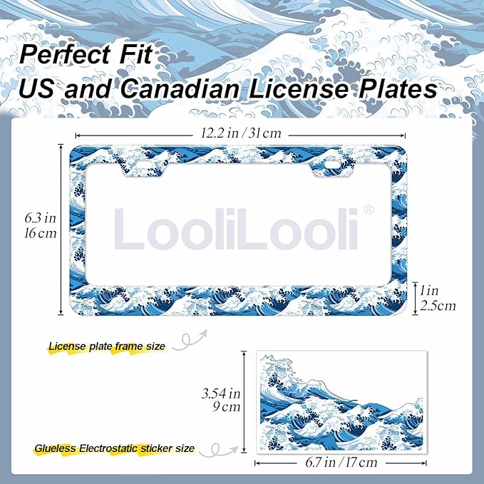 1pcs Blue Ocean Wave License Plate Frame for Women, Sea Wave Car Tag Frames Girly for Vehicle with Non Adhesive Electrostatic Sticker