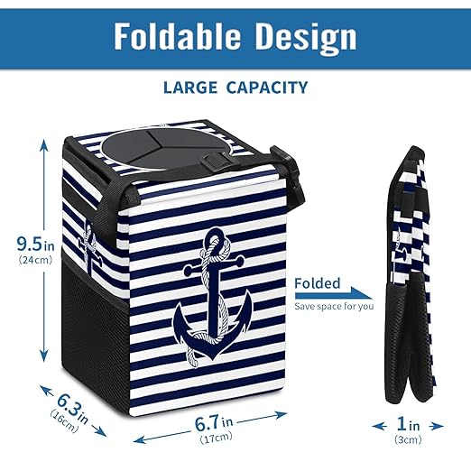 Car Trash Can Nautical Navy Blue Anchor Auto Garbage Bag Car Trash Can with Lid Leak-Proof Car Storage Bag Auto Garbage Bag Hanging for Headrest Collapsible and Portable with Storage Mesh Pocket