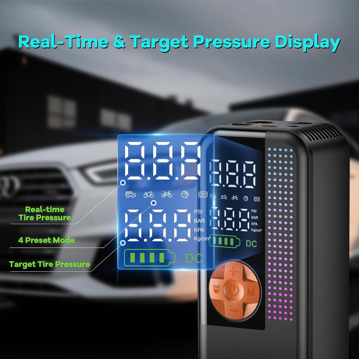 Portable Tire Inflator Air Compressor, 150 PSI Cordless Air Pump, 6000mAh Battery & 12V Car Outlet, Digital Pressure Gauge, Auto Shut-Off, Fast 24L/Min, LED Light, 4 Preset Modes for Car, Bike, Balls