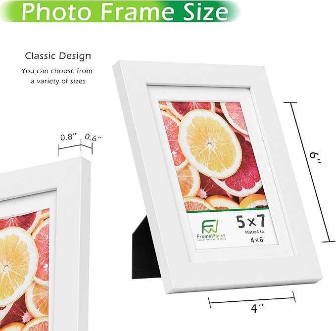 FrameWorks 2-Pack, 5x7 Matted to 4x6 Picture Frame, White ??Classic Wooden Photo Frame with Tempered Glass, Modern Matte Finish for Prints, Posters, Certificates & Wall Decor ??Gallery-Ready