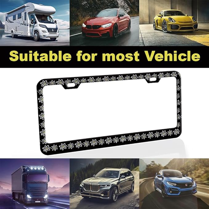 1pcs Black and White Daisy License Plate Frame for Women, Daisies Floral car Decorative tag Frames Girly, Flower License Plate Cover Holder for Vehicle with Double Sided car Keychain tag