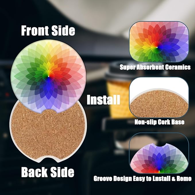 Car Cup Holder Coaster - Rainbow Flower Absorbent Ceramic Coaster 2 Pack, Car Coasters for Cup Holders, Fashion Car Interior Accessories Drink Coaster for Women & Men