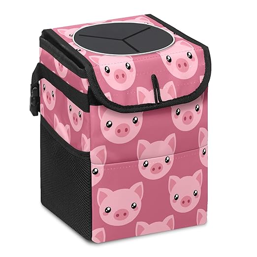 Car Trash Can Pink Piggy Pig Auto Garbage Bag Car Trash Can with Lid Leak-Proof Car Storage Bag Garbage Bag Hanging for Headrest Collapsible and Portable with Storage Mesh Pocket