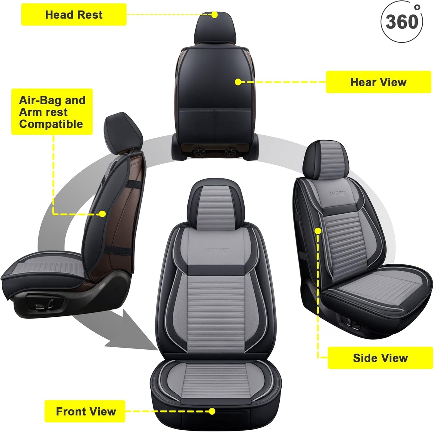 LINGVIDO Car Seat Covers, Breathable and Waterproof Faux Leather Automotive Seat Covers for Cars SUV Truck Sedan,Universal Anti-Slip Seat Cover with Backrest (Front Seat, Gray+Black)