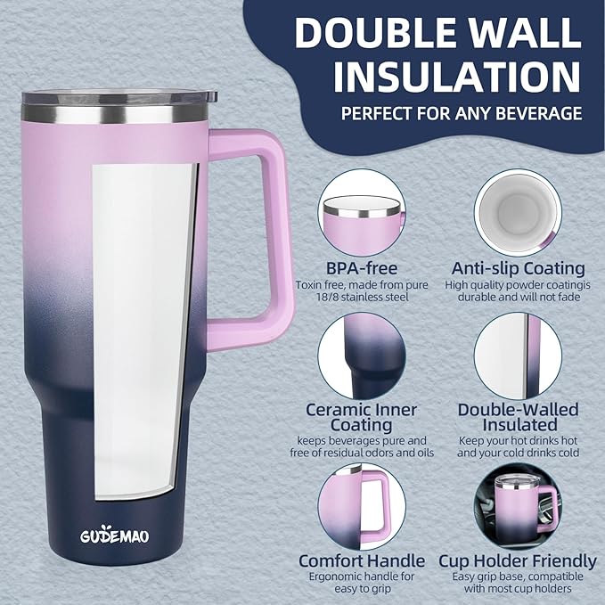 40 oz Insulated Coffee Mug with Ceramic Coating, Stainless Steel Travel Mug Tumbler with Handle Lid and Straw, Double Wall Leak-Proof Coffee Travel Mug Keeps Drink Hot and Cold (Purple Navy)
