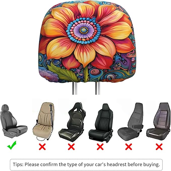 Dujiea 2 Pack Hippie Flower Car Headrest Covers, Universal Soft Car Seat Head Rest Cover Protector, Vehicle Accessories Fabric Headrest Cover for Cars Vans Trucks