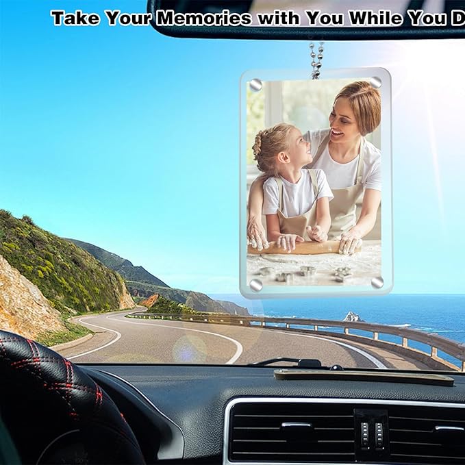 4Pcs Car Hanging Photo Holder, Universal Magnetic Holder with Chain Rear View Mirror Accessories Car Picture Frame Personalized Acrylic Transparent Ornaments Decor for Dads Gift