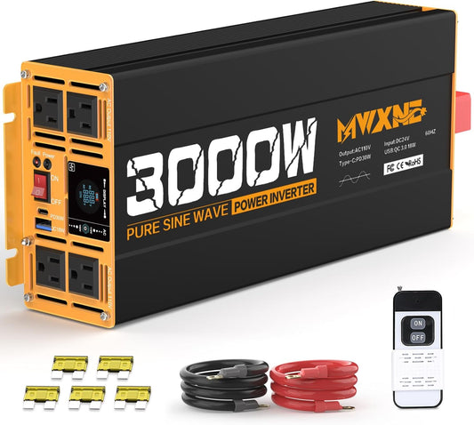 3000W Pure Sine Wave Inverter 24V DC to 110V 120V AC Converter for RV Truck Home Off-Grid Solar Power Inverter with Type-C PD30W/USB Port QC3.0 Quick Charging, 4 AC Outlets, Remote Control
