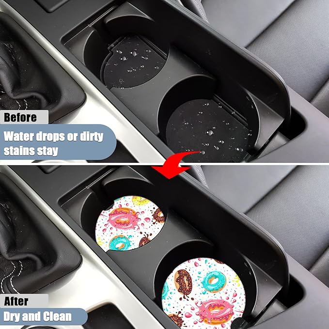 Car Cup Holder Coaster - Sweet Donuts Absorbent Ceramic Coaster 2 Pack, Car Coasters for Cup Holders, Fashion Car Interior Accessories Drink Coaster for Women & Men