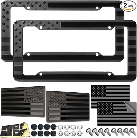 American Flag License Plate Frames - 2 Pack Black Patriotic USA Car Tag Frame, Raised 3D Stars & Stripes Plastic Holder with 3D Metal Decals