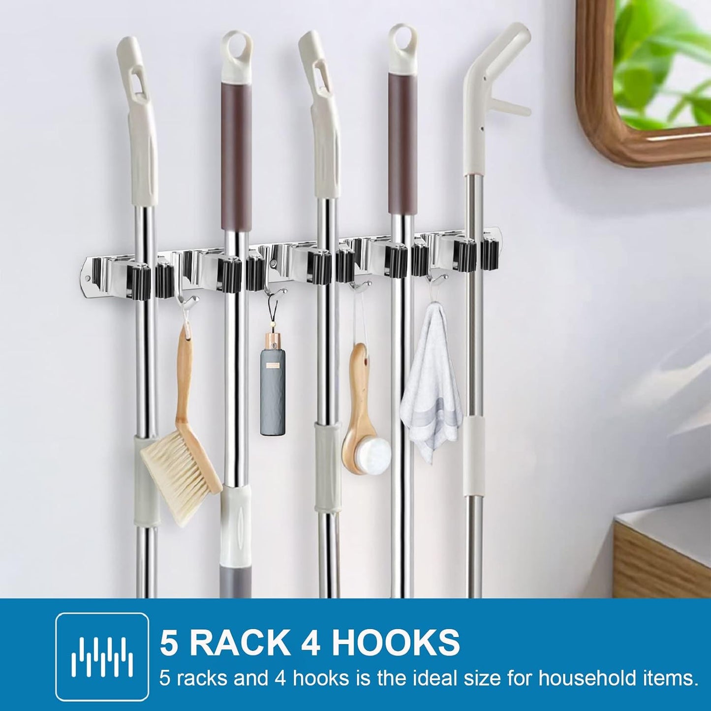 2 Pack Broom Holder Wall Mount Mop and Broom Hanger Broom Organizer Storage Tool Racks Stainless Steel Heavy Duty for Kitchen Garden Laundry Garage (5 Racks with 4 Hooks) (Copy)