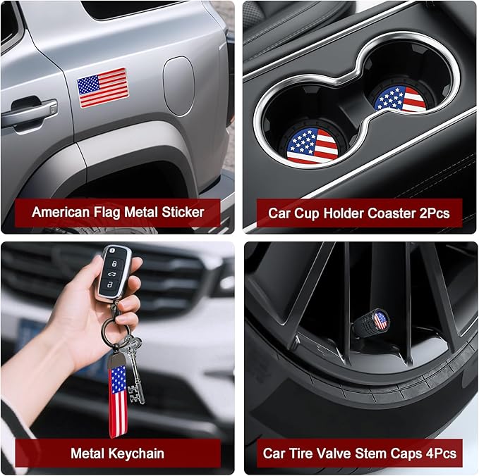 American Flag License Plate Frames Holder - 2 Pack Stainless Steel Rustproof USA Patriotic Car Tag Cover Holder with Free Screws Accessories + Metal Stickers & Keychain & Cup Holder Mats, Red Blue