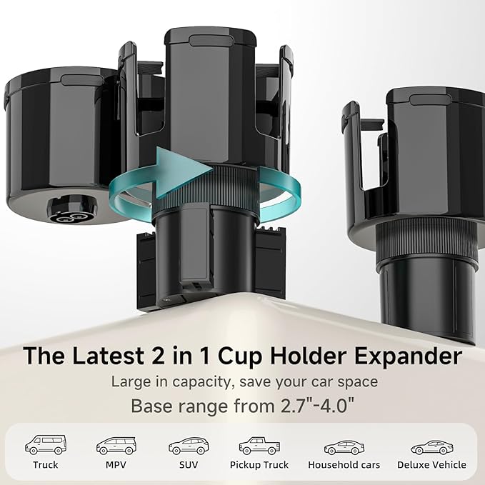 Car Cup Holder Expander, 2 in 1 Adapter with Expandable Base, Fits Yeti, Hydroflask, Large Water Bottles 10-46 OZ