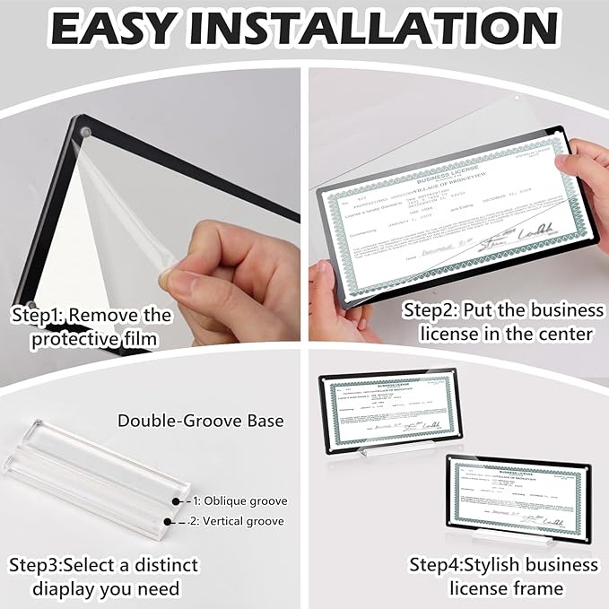 2 Pack 5x10 Business License Frame Magnetic Acrylic Business License Display Frame with Base White Card Paper Black Business License Certificate Holder for Office Desk House
