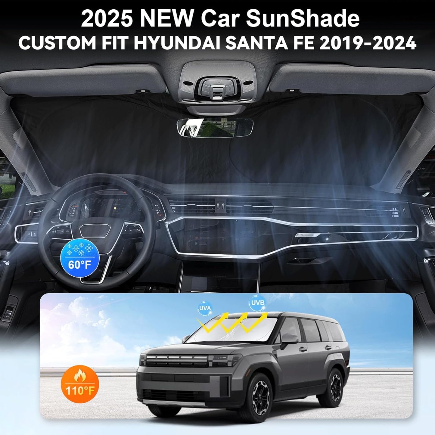 Custom Sunshade for Santa Fe Windshield Sun Shade for 2026 2025-2019 Hyundai Santa Fe, SE, SEL, SEL Plus, Limited, Ultimate Accessories Heat Insulation Cooling Front Window Cover for Windshield