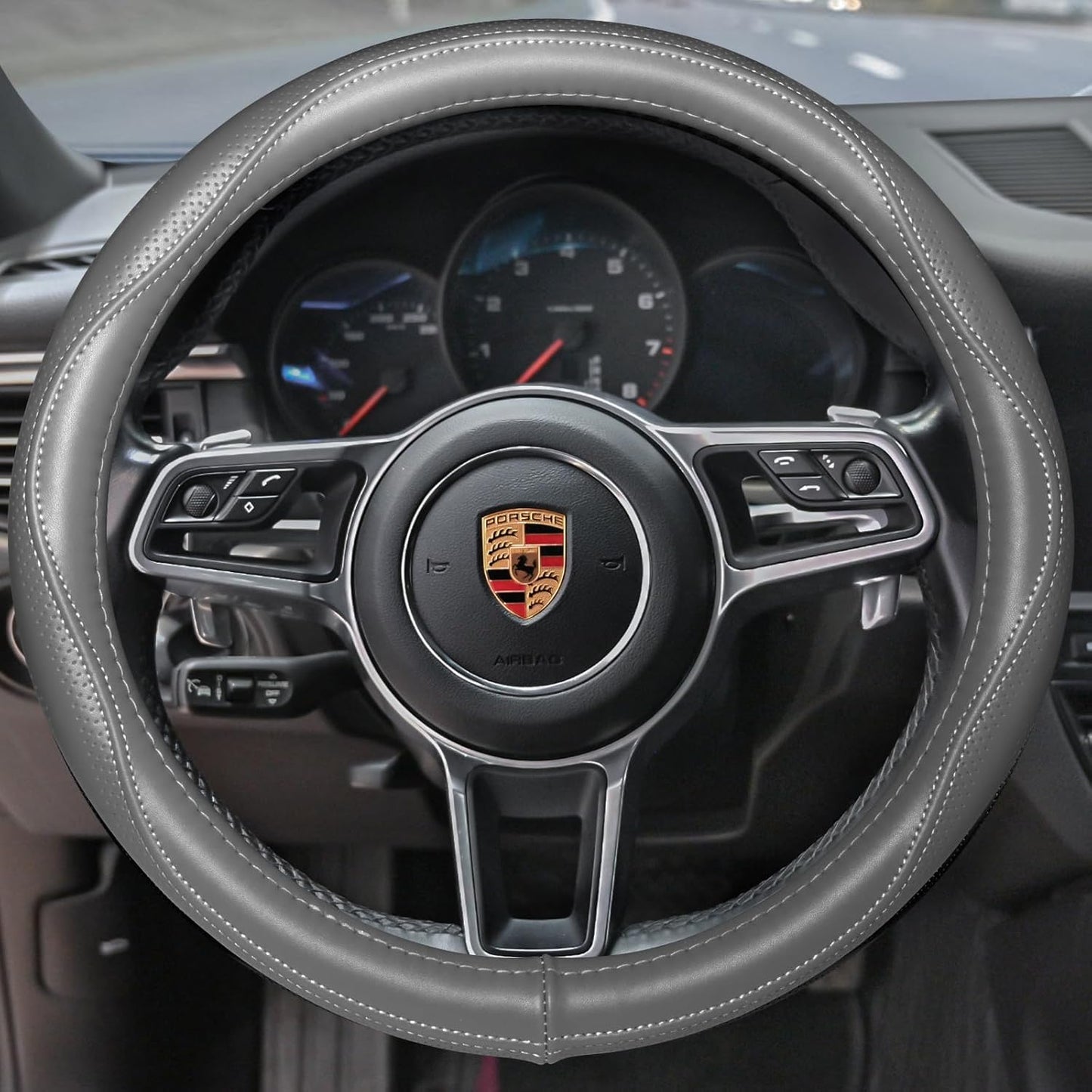 HAOKAY Top Grade Gray Genuine Leather Steering Wheel Cover Men Women, Luxury Steering Wheel Cover for Cars, SUVS and Trucks, Universal 14.5-15 inch