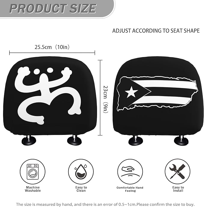 Puerto Rico Car Headrest Covers 2 Pack – Double-Sided Taino Frog & Puerto Rican Flag Map Design – Universal Fit Stretch Seat Headrest Protector for Cars, SUVs & Trucks