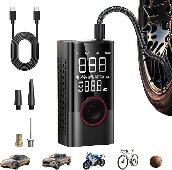 Tire Portable Air Compressor, Max 150PSI Cordless tire inflator with a digital pressure gauge, auto shut-off & LED light. Compact pump for car, bike, motorcycle, and ball