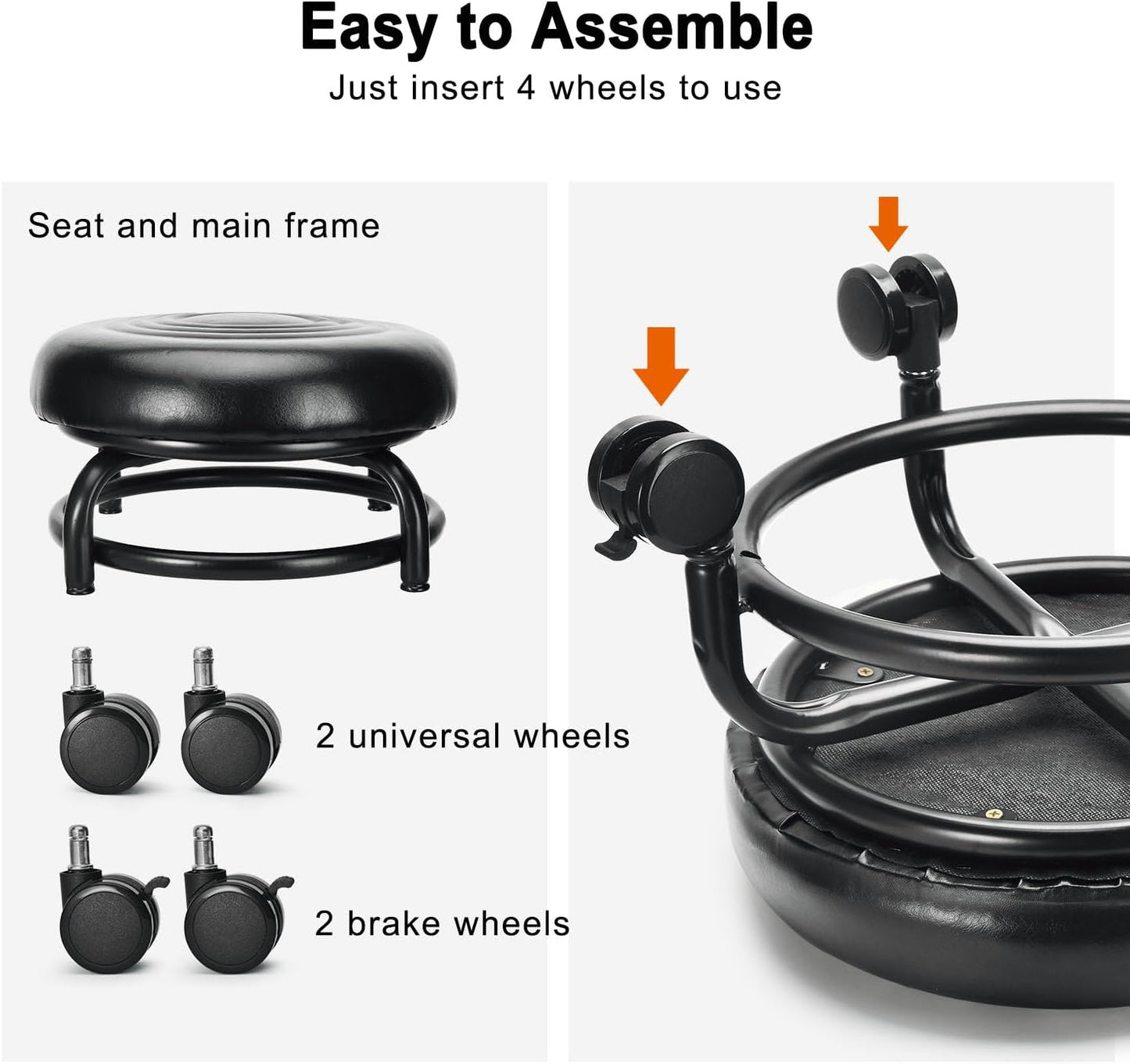 Low Height Rolling Stool Low Roller Stool PU Leather Comfortable Chair, Modern Low Rolling Stool for Home Office Garage Shop