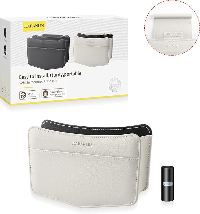 Car Trash Can Small Leather Vehicle Trash Bin Car Dustbin Garbage Organizer Holder with Trash Bag Foldable Mini Cars Storage Bag Container for Auto SUV Van Trucks (White,Glovebox Hanging)