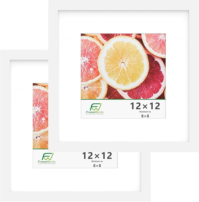 FrameWorks 2-Pack, 12x12 Matted to 8x8 Picture Frame, White ??Classic Wooden Photo Frame with Tempered Glass, Modern Matte Finish for Prints, Posters, Certificates & Wall Decor ??Gallery-Ready