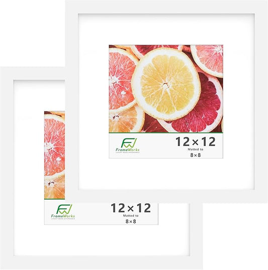 FrameWorks 2-Pack, 12x12 Matted to 8x8 Picture Frame, White ??Classic Wooden Photo Frame with Tempered Glass, Modern Matte Finish for Prints, Posters, Certificates & Wall Decor ??Gallery-Ready