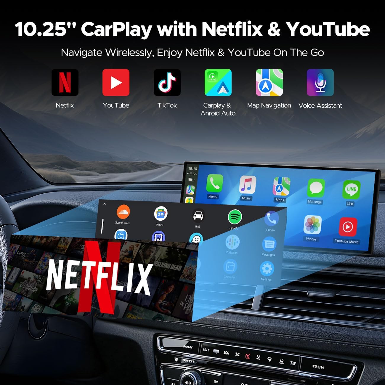 Volam 10.25'' Carplay Screen for car with Netflix YouTube and Backup Camera for iPhone Android Auto Upgraded Wireless AI Video Entertainment BOX Built-in Apps Voice Control GPS for iOS 10+ Android 11+