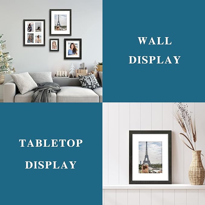 5x7 Picture Frame Set of 4, Made of Real Glass and Rustic Black Wooden Frame, 5 by 7 Photo for Wall or Tabletop - Display Picture 4x6 with Mat or 5x7 Without Mat