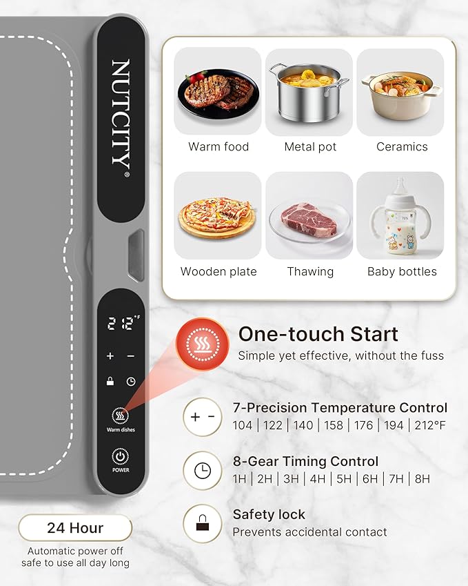 Food Warming Mat – Extra Large (40"x15"), 550W | Ideal for holidays, family gatherings, buffets. Features 7 temperature settings, child safety lock, 8-hour timer, and includes a heat-resistant mat.