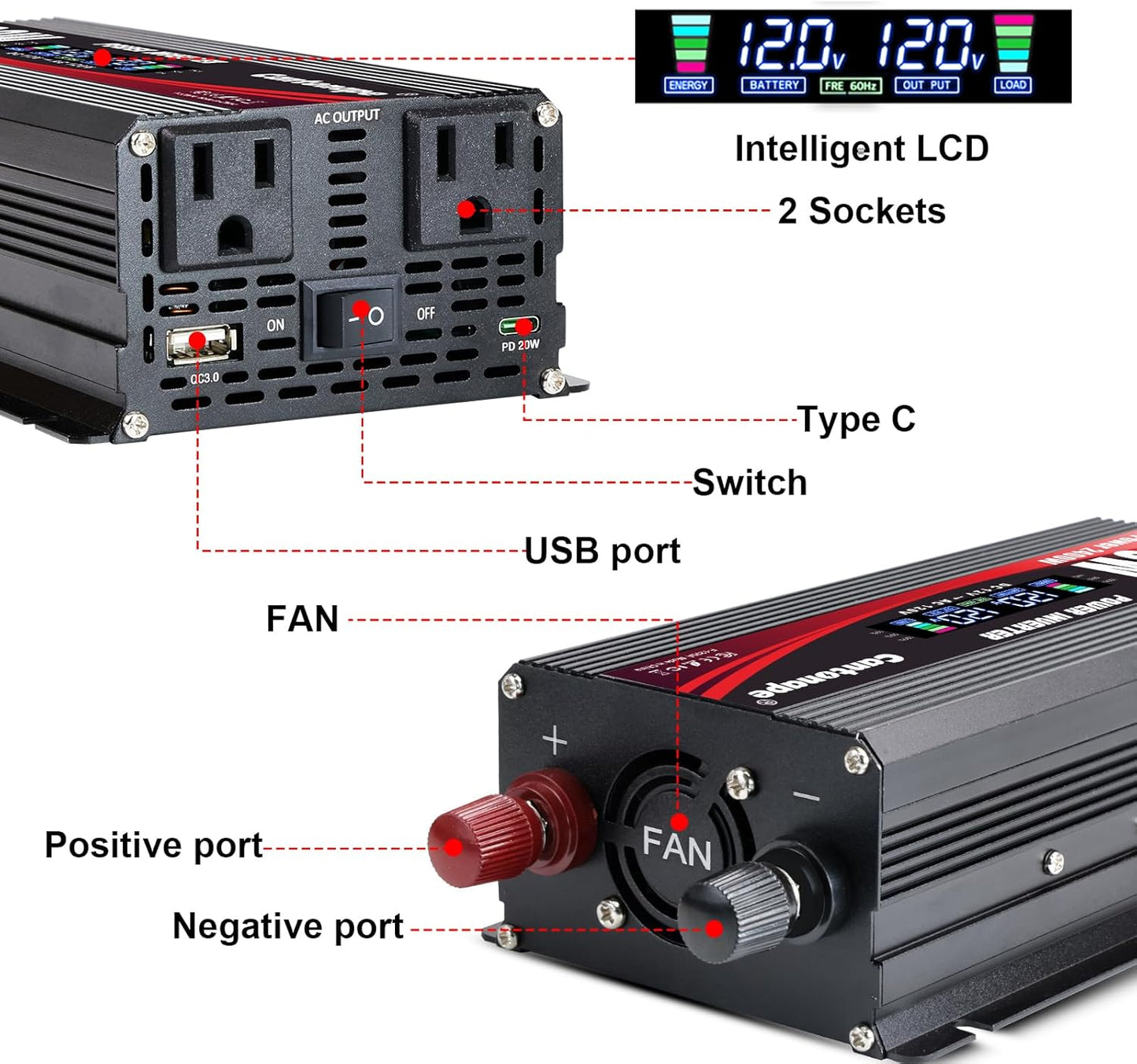 1200W/2400W(Peak) Power Inverter DC 12V to 110V/120V AC Converter with LCD Display Dual AC Outlets 3.0A USB and Type-C Car Inverter for Truck Vehicles Laptop Trip