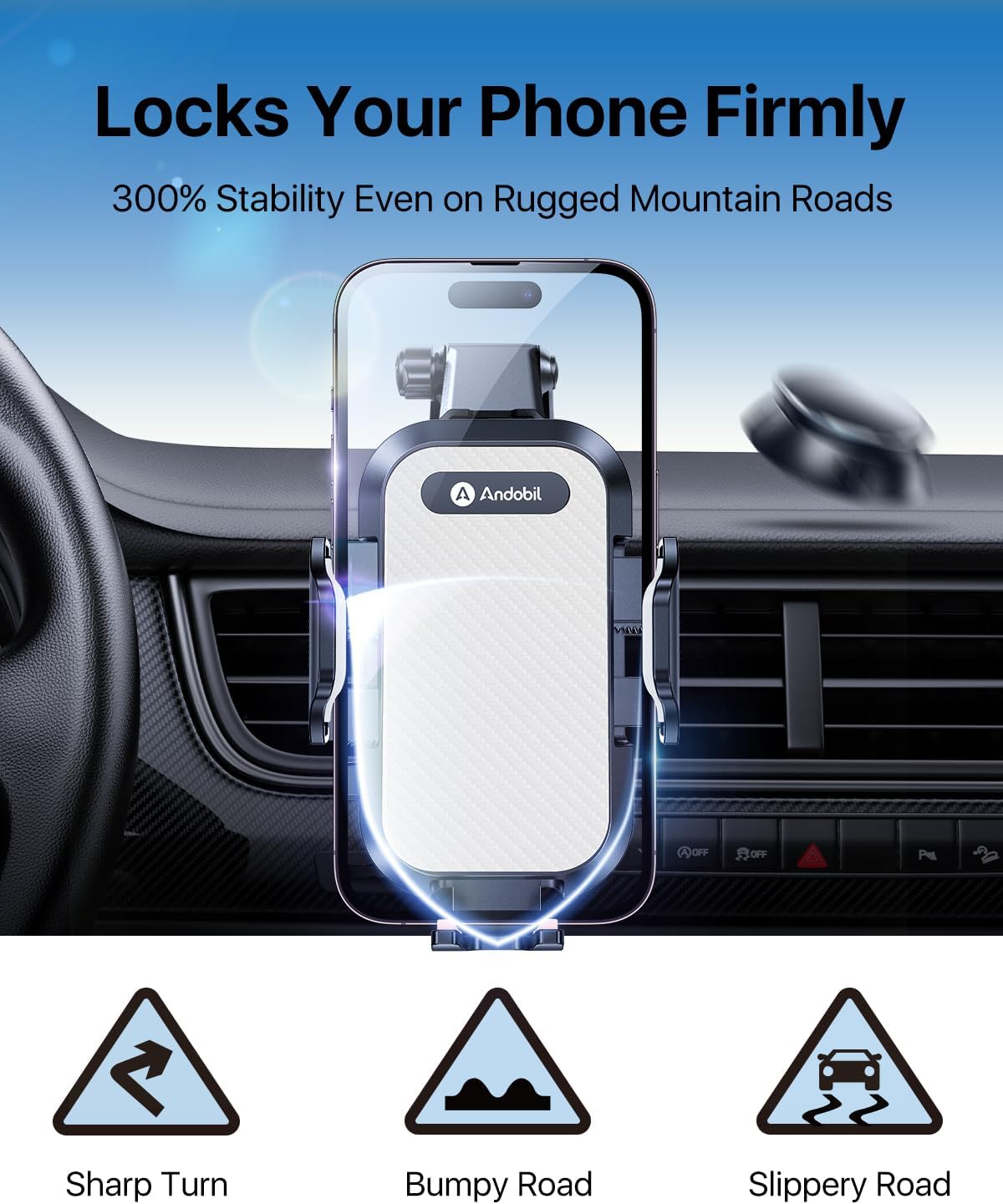 andobil Car Phone Holder Mount (Bumpy Roads Friendly) Military-Grade Phone Holders for Your Car Dashboard Windshield Air Vent Cell Phone Car Mount for iPhone 16 Pro Max 15 14 13, Samsung Silver