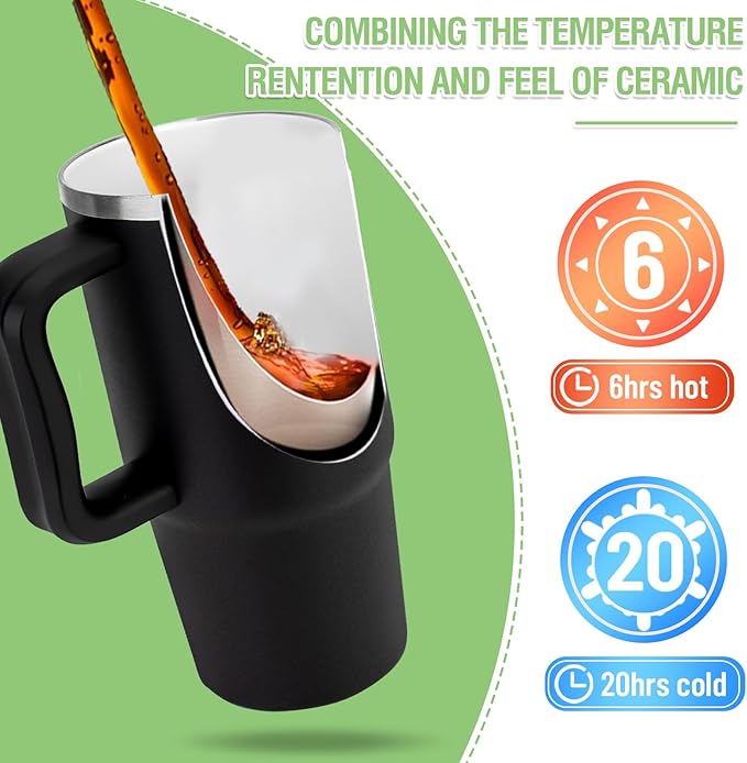 Zukro 24 oz Ceramic Lined Insulated Tumbler with Handle and Straw, No Metal Taste or Smell, Travel Coffee Mug with Spillproof Lids, No Sweat Stainless Steel Cup, Dishwasher Safe, Teal