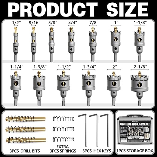 22PCS Carbide Hole Saw Kit for Metal - Heavy Duty TCT Hole Cutter Drill Bits Set with Titanium Pilot & 3 L-Wrench, for Stainless Steel,Iron,Aluminum,Metal