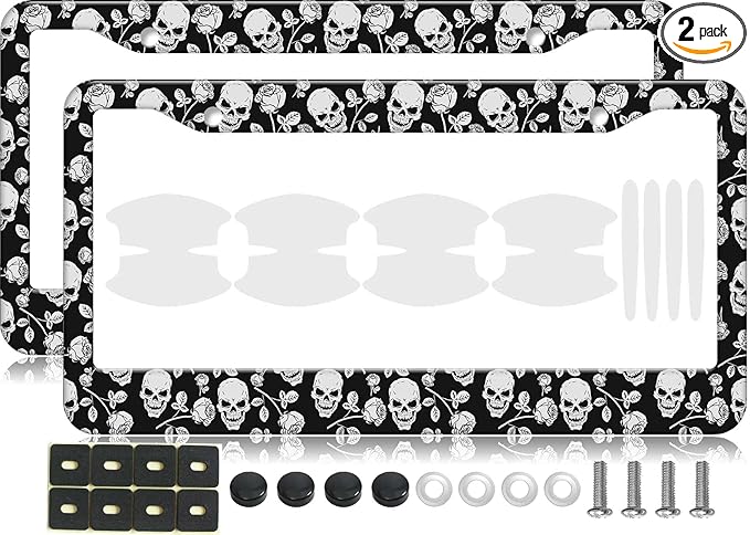 2PCS Black & White Skull Pattern License Plate Frames for Men Women - Universal Aluminum Stainless Steel Personalized Car Tag Covers Holder with Screws, Caps, Rattle Proof Pads and Handlebar Stickers