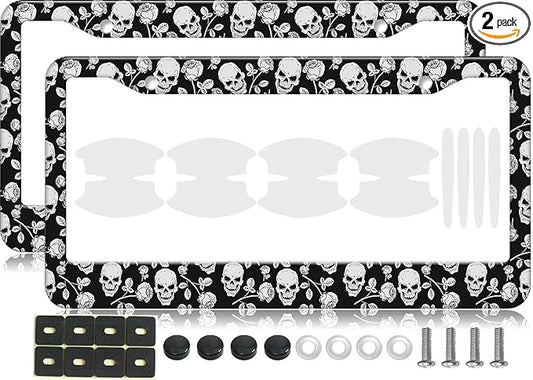 2PCS Black & White Skull Pattern License Plate Frames for Men Women - Universal Aluminum Stainless Steel Personalized Car Tag Covers Holder with Screws, Caps, Rattle Proof Pads and Handlebar Stickers