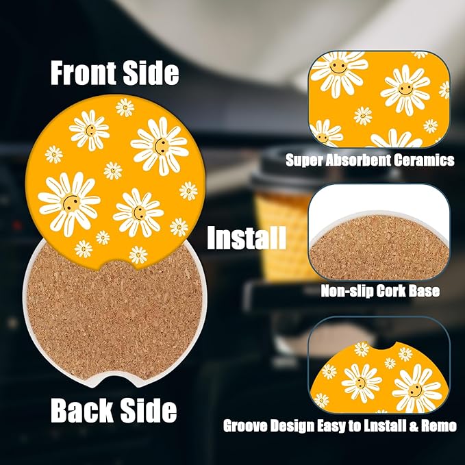 Car Cup Holder Coaster - Groovy White Sunflower Smiley Face Absorbent Ceramic Coaster,Yellow Drink Cup Holder Coasters, Auto Interior Accessories, Drink Cup Holder Coasters for Women & Men Pack of 2