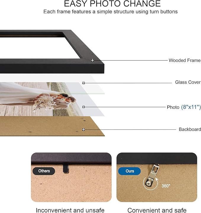 8x11 Picture Frame Set of 2, Made of Real Glass and Black Wooden Frame - 8 by 11 Photo for Wall or Tabletop Display