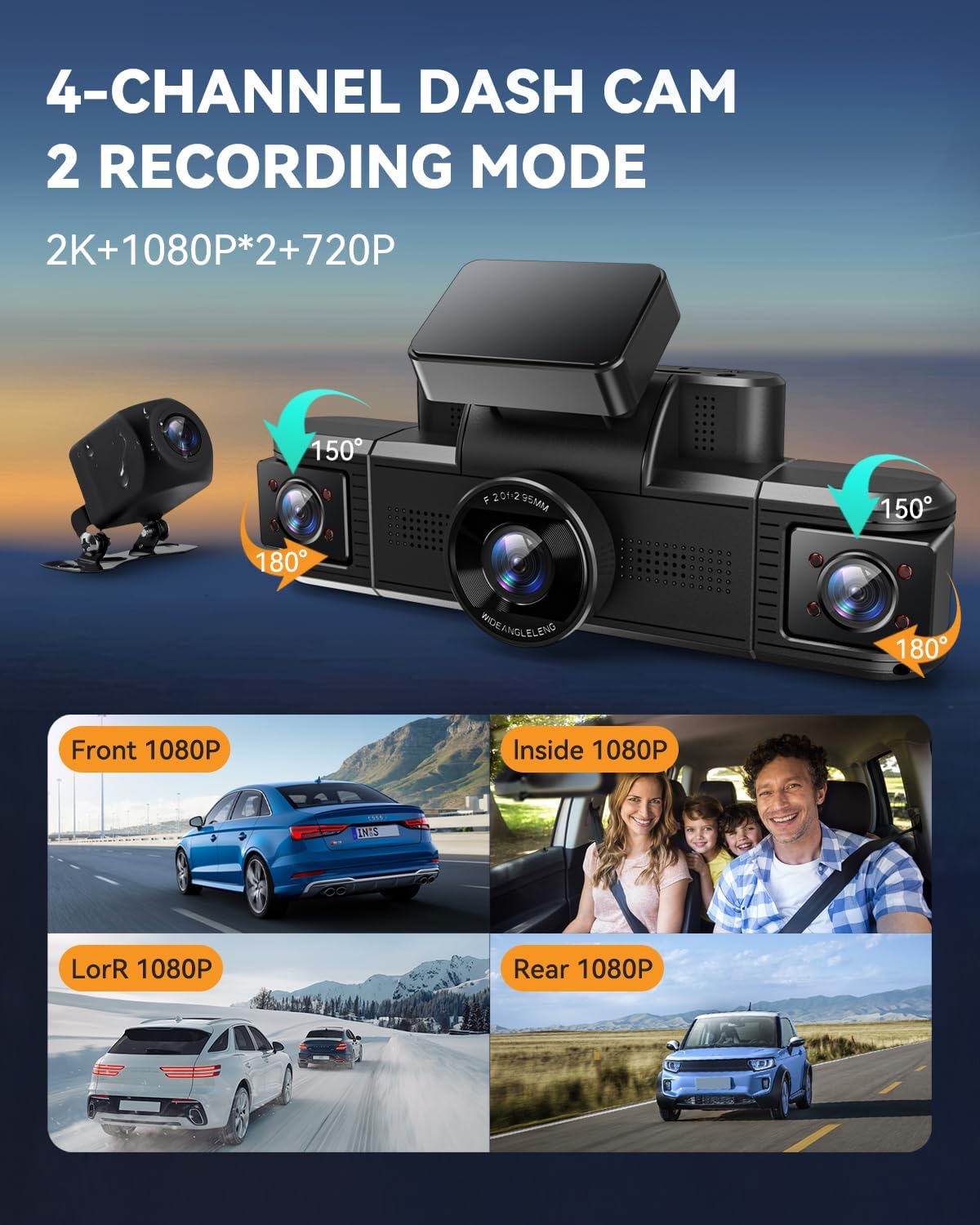 4 Channel Dash Cam 360° View, Front and Rear Inside Left Right, 2K Dash Camera for Cars, Built-in 5G WiFi & APP Control, Night Vision, G-Sensor, 24/7 Recording Parking Mode, with 64GB SD Card